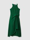 Reiss Green Micah Petite Satin Drape Tuck Midi Dress