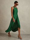 Reiss Green Micah Petite Satin Drape Tuck Midi Dress