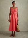 Reiss Coral Liza Cotton Ruched Strap Belted Midi Dress