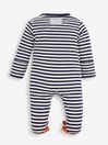 JoJo Maman Bébé Navy Ecru Stripe Fox Appliqué Zip Cotton Baby Sleepsuit