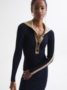 Reiss Navy/Camel Nikola Knitted Bodycon Midi Dress