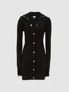 Reiss Black Rhiannon Ribbed Button Collar Mini Dress