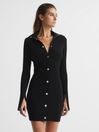 Reiss Black Rhiannon Ribbed Button Collar Mini Dress