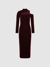 Reiss Burgundy Tatiana Petite Velvet Cut-Out Shoulder Dress