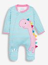 JoJo Maman Bébé Blue/Pink Dino Appliqué Zip Cotton Baby Sleepsuit