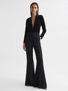 Reiss Black Rosalba Velvet Long Sleeve Plunge Bodysuit