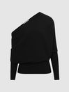 Reiss Black Lorna Asymmetric Drape Knitted Top