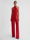 Reiss Red Jules Satin Halter Neck Fitted Jumpsuit