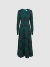Reiss Teal Greta Long Sleeve Printed Midi Dress