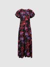 Reiss Black/Pink Leni Fitted Floral Print Midi Dress