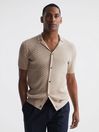 Reiss Oatmeal Melange Grande Cable Knit Cuban Collar Button Through Shirt