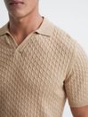 Reiss Oatmeal Federico Slim Fit Cable Knit Open Collar Polo Shirt