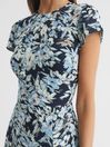 Reiss Navy/Blue Livia Printed Cut Out Back Midi Dress
