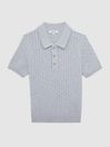 Reiss Soft Blue Melange Eli Senior Press Stud Cable Knit Polo Shirt