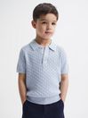 Reiss Soft Blue Melange Eli Junior Press Stud Cable Knit Polo Shirt
