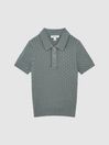 Reiss Dark Sage Eli Junior Press Stud Cable Knit Polo Shirt