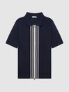 Reiss Navy Castleton Zip Front Striped Polo Shirt