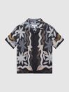 Reiss Black Delphi Senior Linen Floral Cuban Collar Shirt