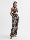 Reiss Black/Blush Ally Printed Halter Neck Cropped Top