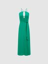 Reiss Green Arianna Halter Neck Belted Midi Dress