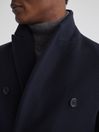 Reiss Navy Glory Double Breasted Wool Blend Overcoat