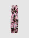 Reiss Pink Ella Floral Print Halter Midi Dress