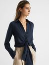Reiss Navy Dahlia Linen Cropped Tie Front Blouse