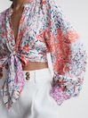 Reiss Coral/White Elle Floral Print Tie Front Cropped Blouse