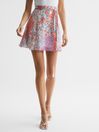 Reiss Coral/White Elle Floral Print High Rise Mini Skirt