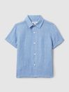 Reiss Soft Blue Holiday Senior Short Sleeve Linen Shirt