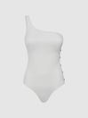 Reiss White Bethany One Shoulder Button Detail Swimsuit