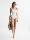 Reiss White Bethany One Shoulder Button Detail Swimsuit