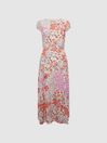 Reiss Coral/White Luna Petite Floral Print Cap Sleeve Dress