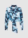 Reiss Navy/Blue Dahlia Print Linen Cropped Tie Front Blouse