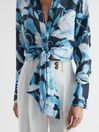 Reiss Navy/Blue Dahlia Print Linen Cropped Tie Front Blouse