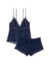 Victoria's Secret Noir Navy Blue Stretch Lace Chiffon Cami Set with Rhinestones