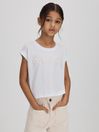 Reiss White Taya Teen Textured Motif Cotton Crew Neck T-Shirt