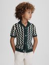 Reiss Green Multi Waves Senior Knitted Cuban Collar Shirt