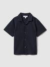 Reiss Navy Gerrard Senior Textured Cotton Cuban Collar Shirt