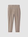 Reiss Oatmeal Collect Slim Fit Check Adjuster Trousers with Turn-Ups