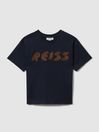 Reiss Navy Sands Cotton Crew Neck Motif T-Shirt