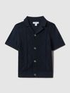Reiss Navy Fortune Junior Cable Knit Cuban Collar Shirt