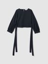 Reiss Navy Immy Cropped Blouson Sleeve Top
