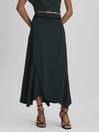 Reiss Green Sara Asymmetric Contrast Trim Midi Skirt