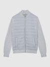 Reiss Soft Grey Trainer Hybrid Quilt and Knit Zip-Through Jacket