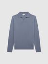 Reiss Nickel Blue Milburn Merino Wool Open Collar Polo Shirt