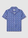 Reiss Bright Blue/White Tintipan Printed Cuban Collar Shirt