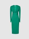 Reiss Green Rosie Viscose Plunge Neck Midi Dress