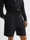 Reiss Black Riad Textured Drawstring Shorts