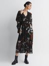 Reiss Black/Brown Charlotte Floral Neck Tie Midi Dress